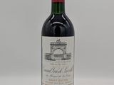 une bouteille de vin rouge sur fond blanc, avec un bâtiment en arrière-plan