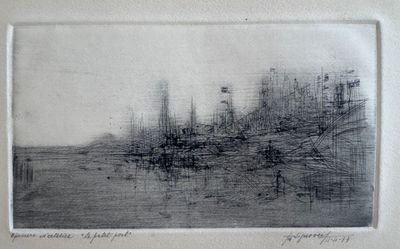 un dessin en noir et blanc représentant une ville au bord de l'eau