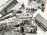 several black and white photos of people in an airplane hang on a wall