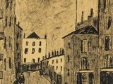dessin représentant une scène de rue avec des bâtiments et une personne marchant dans la rue