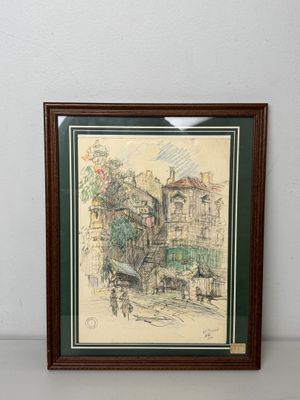 dessin encadré représentant une scène de rue avec une calèche