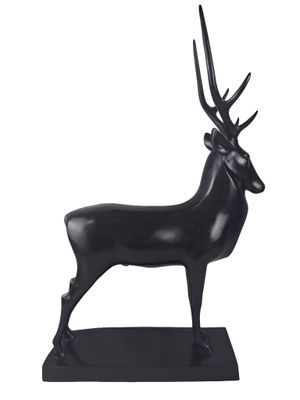 a black sculpture of a deer standing on a black base