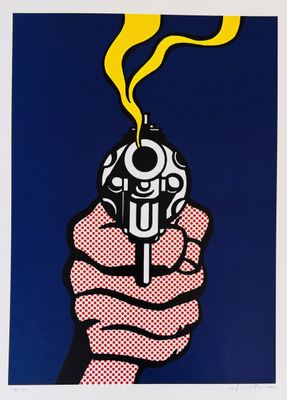 a painting of a hand holding a gun with yellow smoke coming out of it