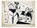 an old cartoon drawing of a man and a woman sitting at a table