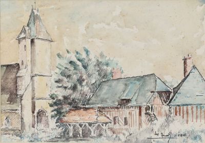 painting of a church with a steeple and a tower in the background
