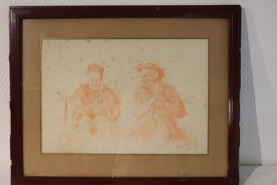 framed drawing of two men sitting in front of a white wall