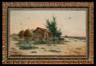 une peinture à l'huile représentant une scène de vie à la ferme avec des balles de foin et une grange
