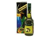 a bottle of alcohol next to a box of fruit