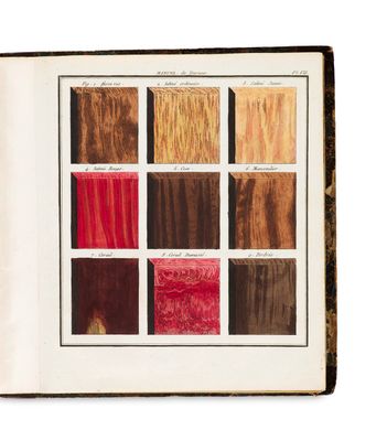 un livre ouvert sur lequel figure une illustration représentant différentes couleurs de bois