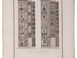 a black and white drawing of two doors with decorative designs on them