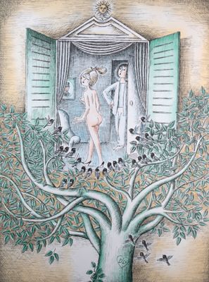 tableau représentant une femme nue debout dans un arbre, devant une fenêtre ouverte