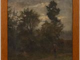 an oil painting on canvas of a landscape with trees and a road