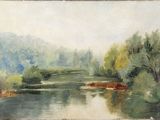 a picture of a painting of a river in the middle of the day