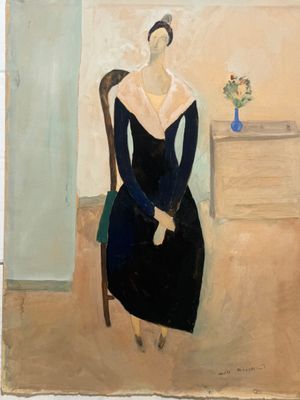 painting of a woman in a black dress sitting in a chair