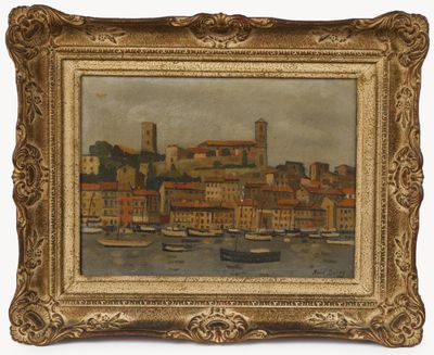 une peinture à l'huile représentant des bateaux dans un port avec un château à l'arrière-plan