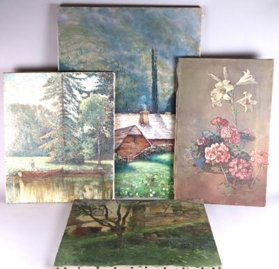 four paintings of a house and a tree in a field