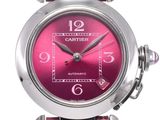 cartier ladies ' s watch with pink dial and leather strap