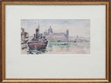 a painting of a boat in the water with a city in the background