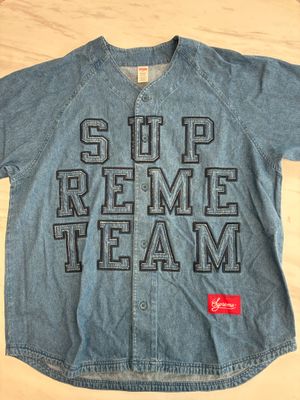 supreme denim baseball jacket with supreme team logo