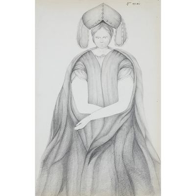 a black and white drawing of a woman in a dress