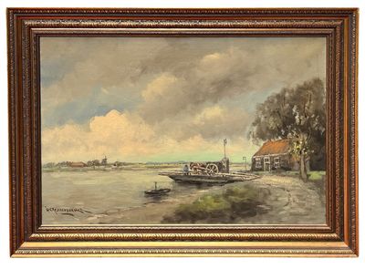 an oil painting of a boat on a river with a house in the background
