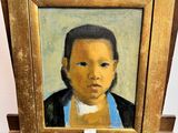 une peinture à l'huile représentant une jeune fille en robe bleue