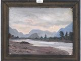 une image représentant un tableau où l'on voit une rivière avec des montagnes en arrière-plan