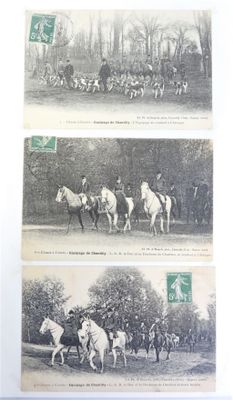 two old black and white photos of horses and riders in a field