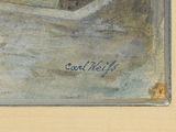 a painting of a man in a boat on the water