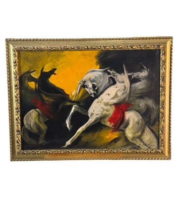 painting of a white horse and a black horse in a golden frame