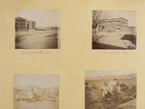 several old photos of people riding horses in a field next to a building
