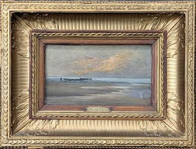 une peinture à l'huile représentant une scène de plage avec un bateau au loin
