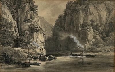 a painting of a river with boats in it