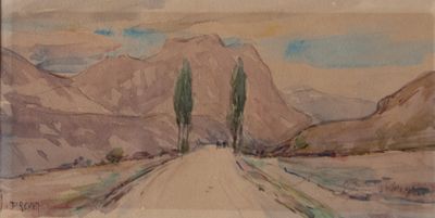 an image of a painting of a dirt road in the mountains