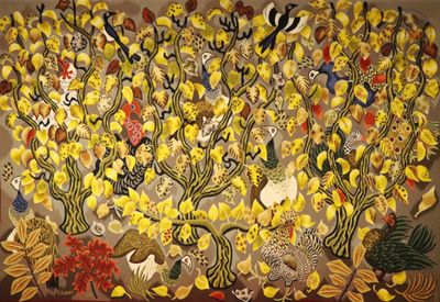 an image of a painting of birds and flowers on a wall
