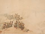 a drawing of a group of people on a hill