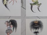 quatre dessins de couleurs différentes représentant divers animaux sur un fond blanc