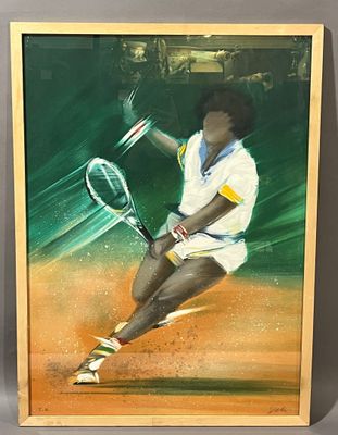 painting of a tennis player swinging a racket at a ball