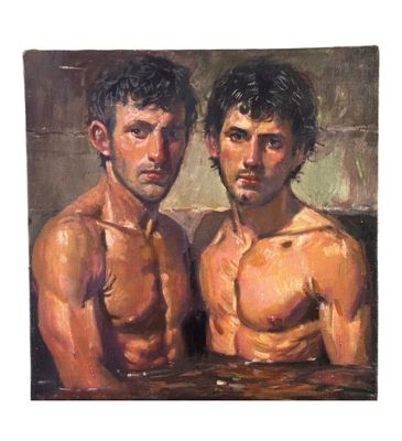 tableau représentant deux hommes assis dans une baignoire, dont l'un regarde l'objectif