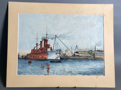 tableau représentant un bateau sur un plan d'eau près d'un quai
