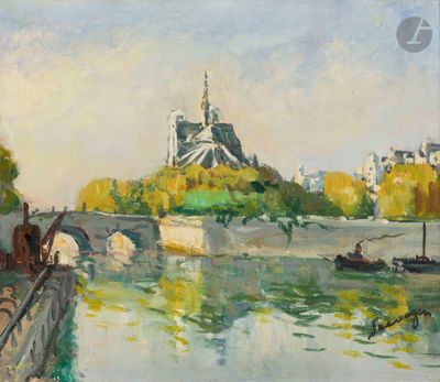 l'image d'une peinture représentant une rivière avec un pont en arrière-plan