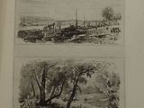 an old book with two pictures of a river and a town