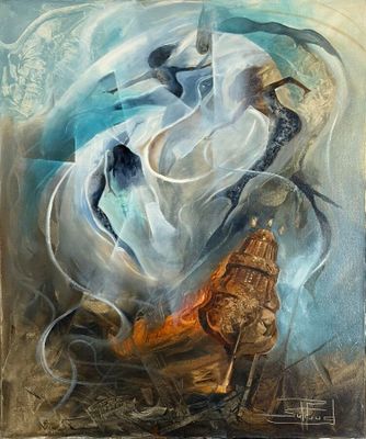 an abstract painting of a woman in a white dress and a man in a boat