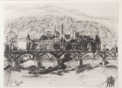 drawing of a bridge over a river with a castle in the background