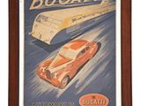 an old poster of a car and a train on a track