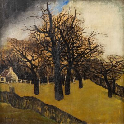 un tableau représentant un champ avec des arbres et une maison au loin