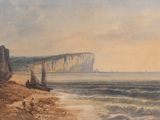 une image représentant un tableau d'une plage avec des bateaux sur l'eau