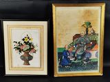 deux photos encadrées représentant un paon et un vase de fleurs