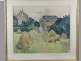 painting of a farm scene with hay bales and a barn in the background