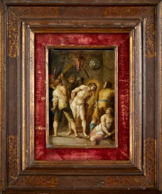 an oil painting of a group of naked men in a room